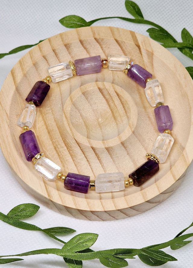Bracelet Améthyste et Cristal de roche forme tube
