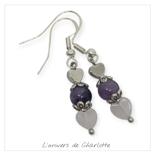 Boucles d&#039;oreilles &quot;Améthyste/Quartz rose&quot; BO-025