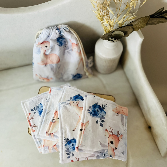 Pochon 7 lingettes lavable coton prémium/éponge bambou "Biche bleue"