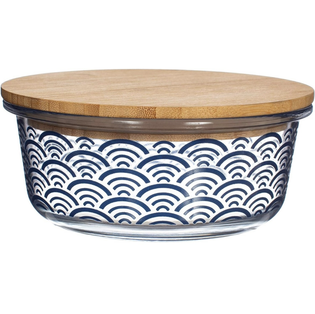 Blue Wave Glass Container With Bamboo Lid
