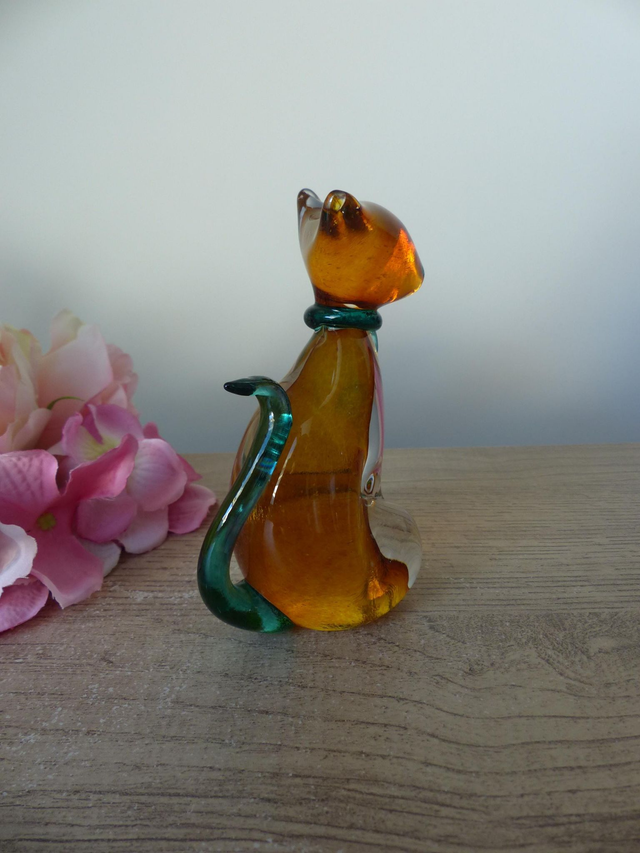 Figurine chat en verre orange et verre soufflé, Presse papier chat décoration bureau maison ornement de table