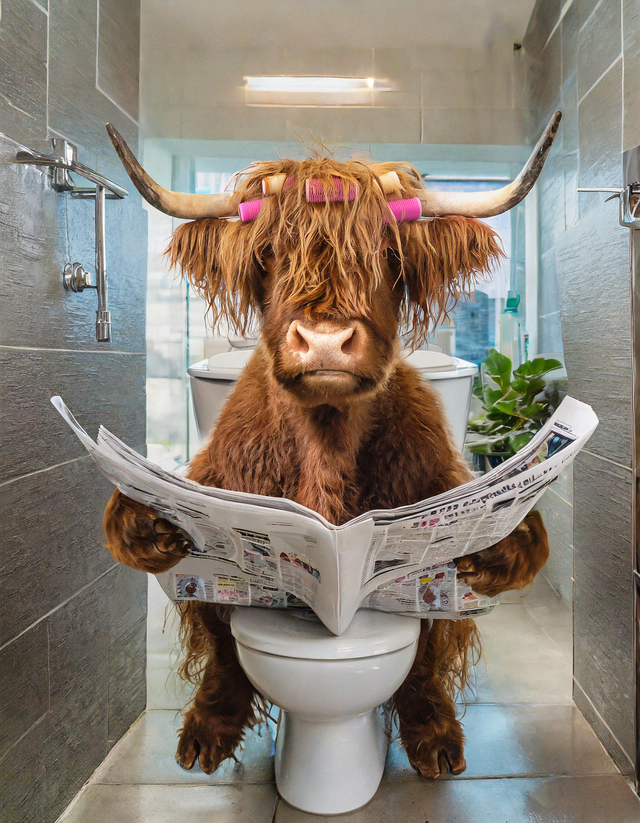 Highland Cow on the Toilet Framed Canvas