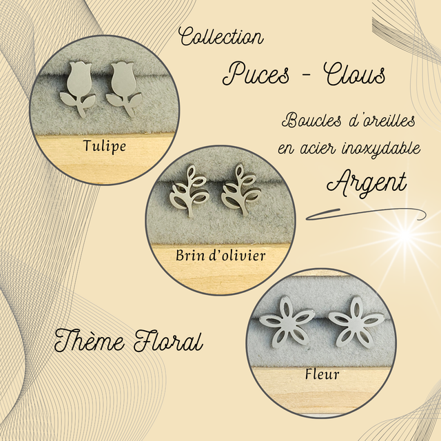 Clous d&#039;oreilles - Thème Floral - Acier Argent
