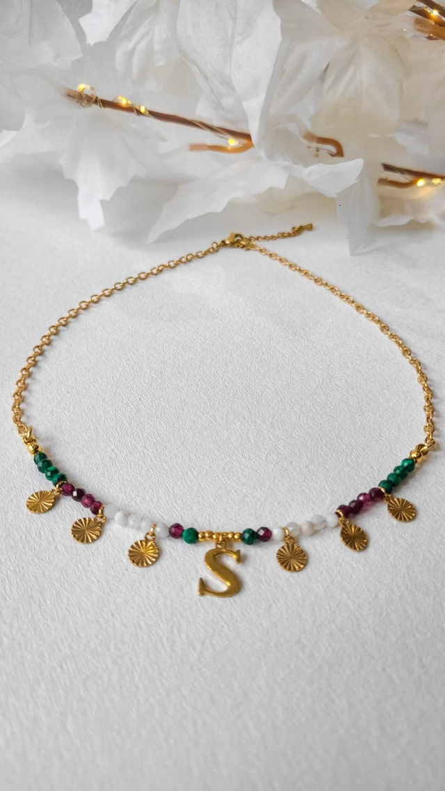 Collier Malachite, Grenat &amp; Pierre de Lune – Force &amp; Clarté - Personnalisable