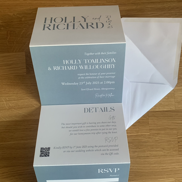 Pale dusty blue &amp; white modern minimalist design - concertina wedding invitations - including guest information &amp; tear off RSVP postcard