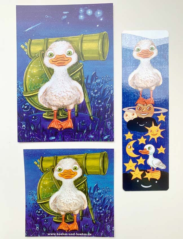 Bundle "Tollpatschige Ente": Postkarte, Aufkleber, Lesezeichen / "Clumsy Duck": Postcard, Sticker & Bookmark