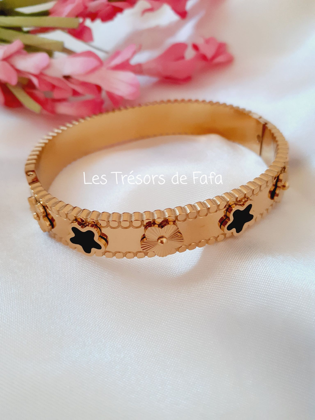 Bracelet jonc fleurs noires