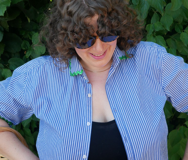 La chemise MADO et son chouchou assorti - Rayé bleu et vert pailleté