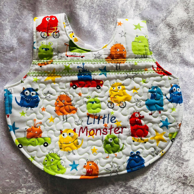 Embroidered Baby Bib Apron - Little Monster - age 3-12 months