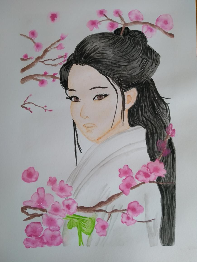 Aquarelle originale fille japonaise et fleurs de cerisier 