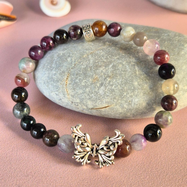 Bracelet élastique AMAZONIA - Tourmaline multicolore & Papillon féérique