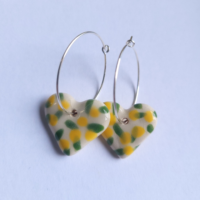 Silver Heart Hoops - Floral