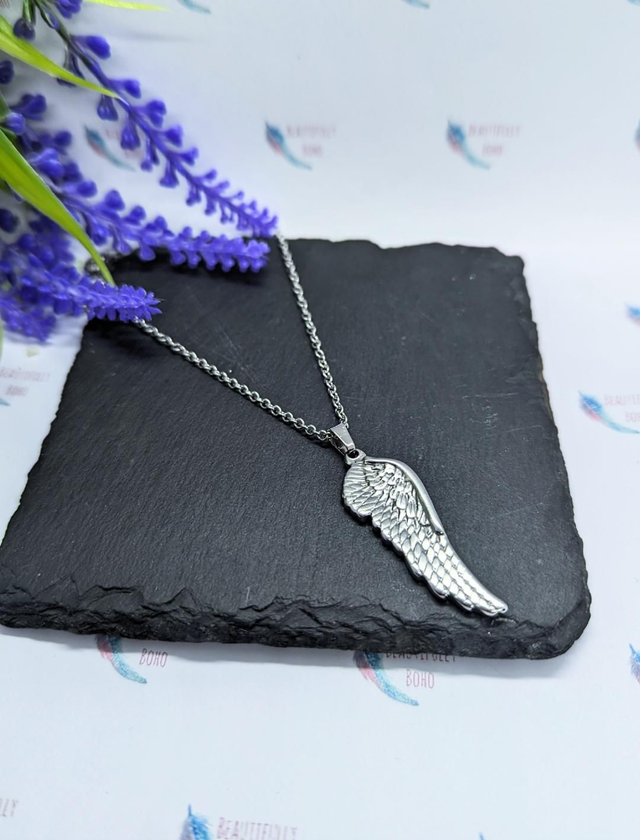 Stainless Steel Necklace with Chunky Wing pendant.