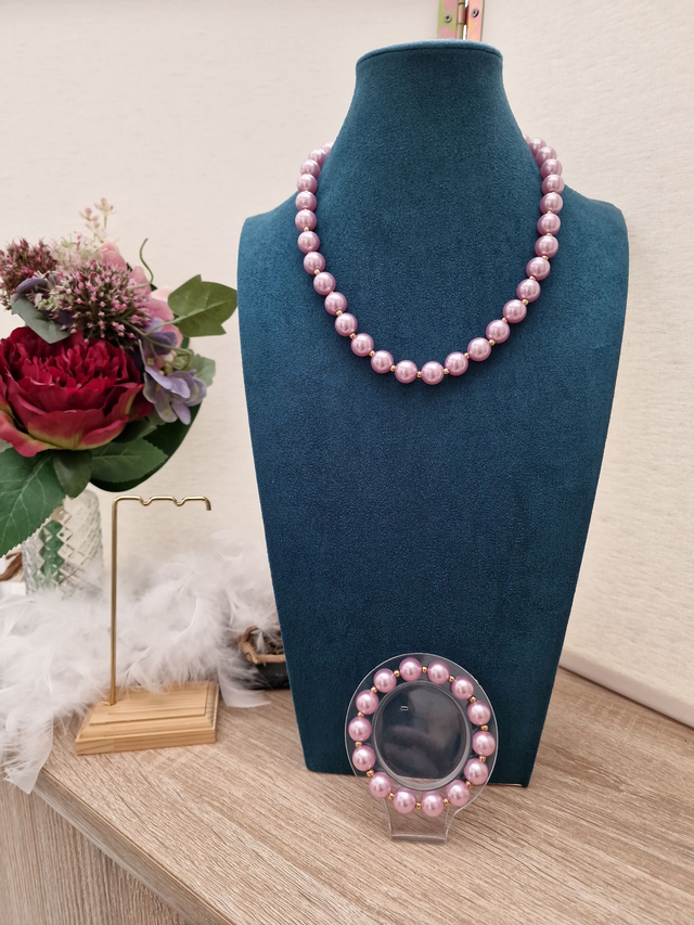 Parure Collier Bracelet De Perles Rose Lila Doré