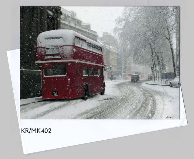   Folded card:  London Bus in Snow, Aldwych, London.    Xmas / Blank inside 