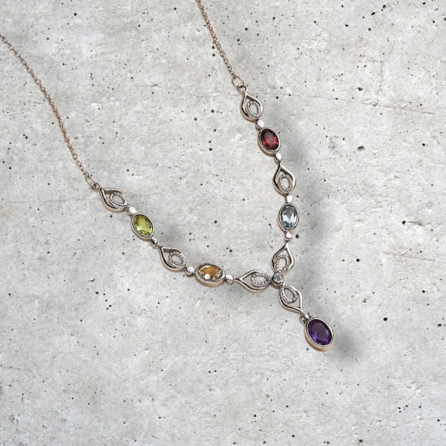 Multicoloured Natural Gemstones Platinum Plated Necklace.