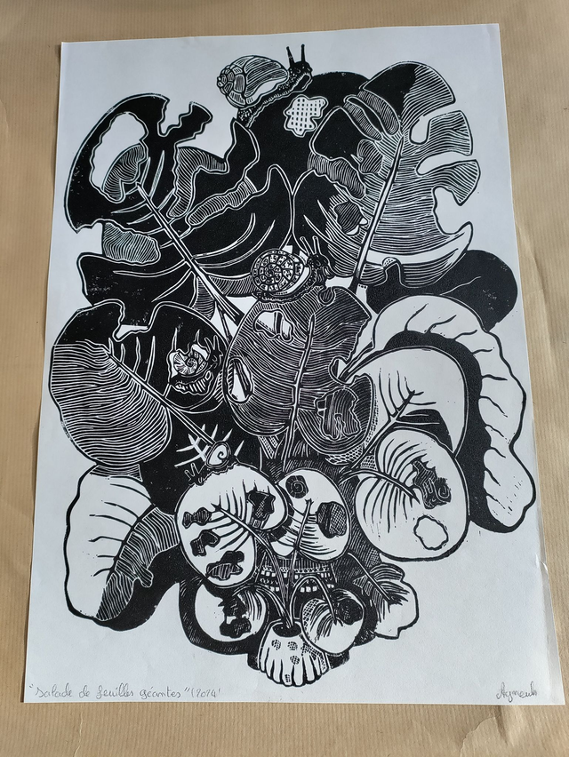 linogravure grande plante à escargots, format A3