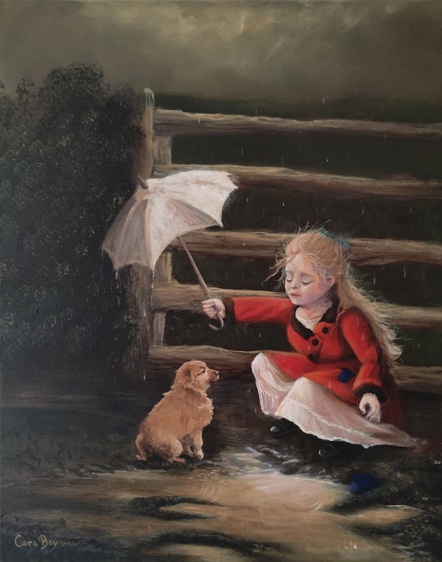 Little Girl sheltering puppy in the rain Original Hand Painted 
