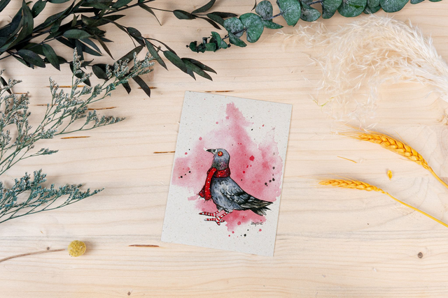 Graspapierkarte - Taube mit Schal