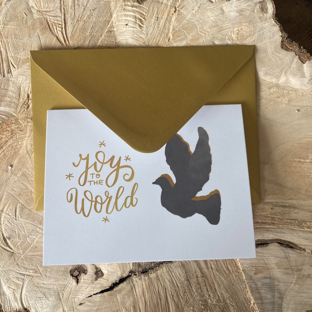 Luxe Christelijke Kerstkaart Joy to the World Duif | dubbele ansichtkaart met goudkleurige envelop