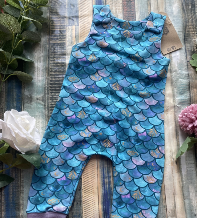 Mermaid Scales Teal Dungarees 6-12m