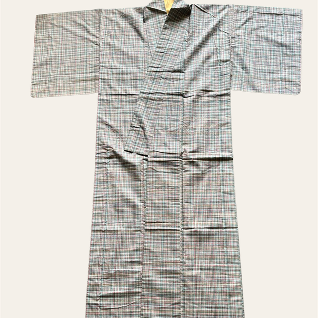 Kimono soie carreaux bleu/rose