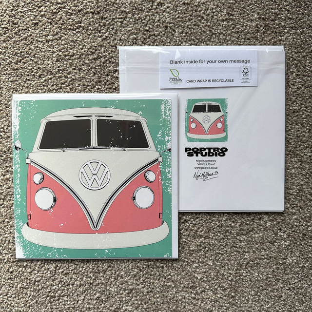 VW Camper Van distressed - Single Square Greetings Card, White Envelope, Blank Inside, Recyclable Wrap, Professionally Printed.