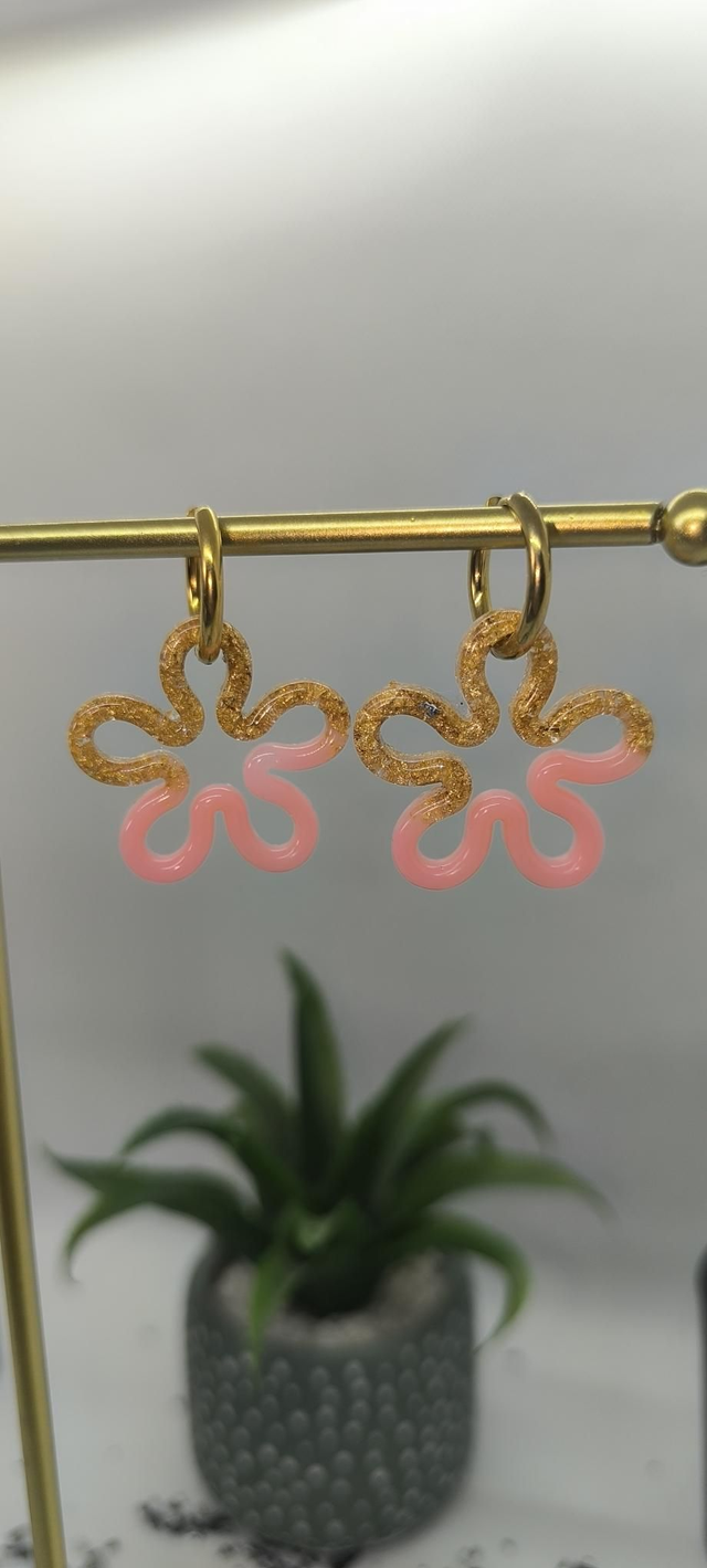 Pampilles interchangeables Flora bicolore rose et feuilles d'or