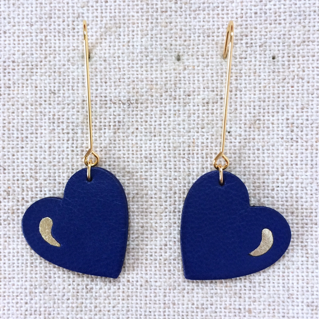 Boucles d’oreilles « Chœur » dorées, cuir bleu Roy et doré