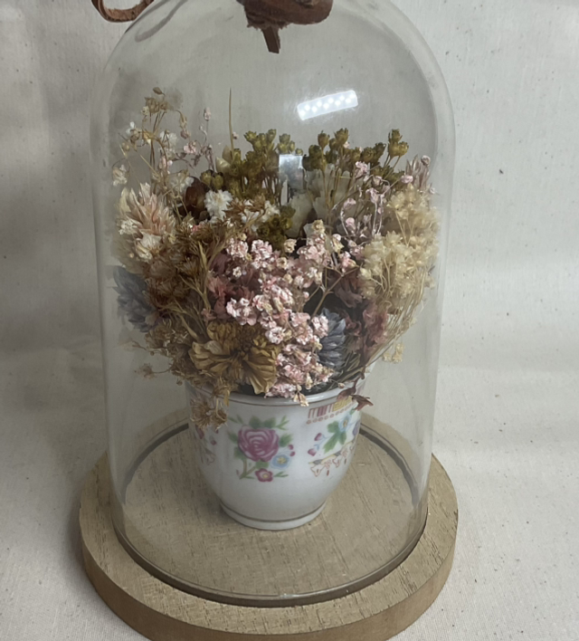 Grande cloche de fleurs  séchées dans une tasse vintage