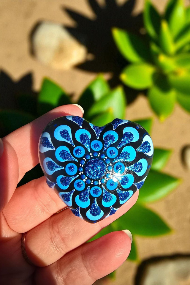 Petit coeur  mandala en pointillisme bleu pailleté, méditation ou décoration, pierre de relaxation