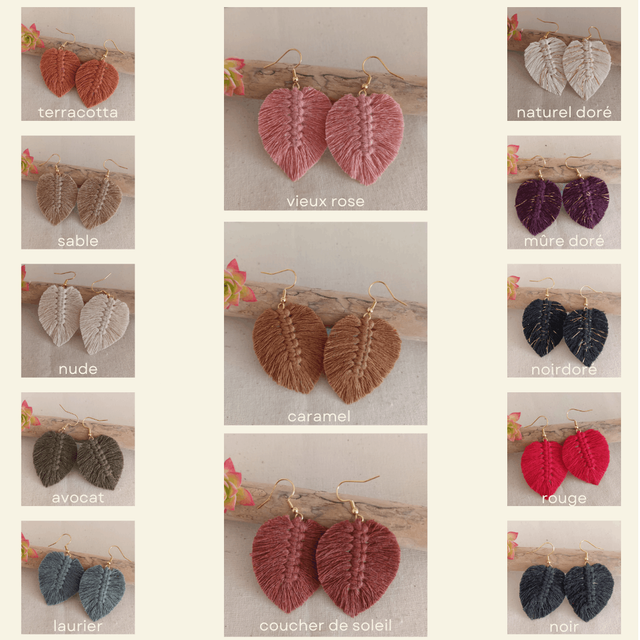 Boucle d'oreille feuille macramé dorée