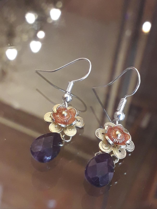 Boucles d'oreilles, améthyste, argent, vermeil