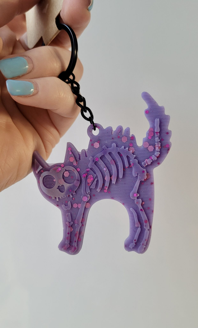 Purple Glitter Skeleton Cat Keychain - Hellcat Keyring