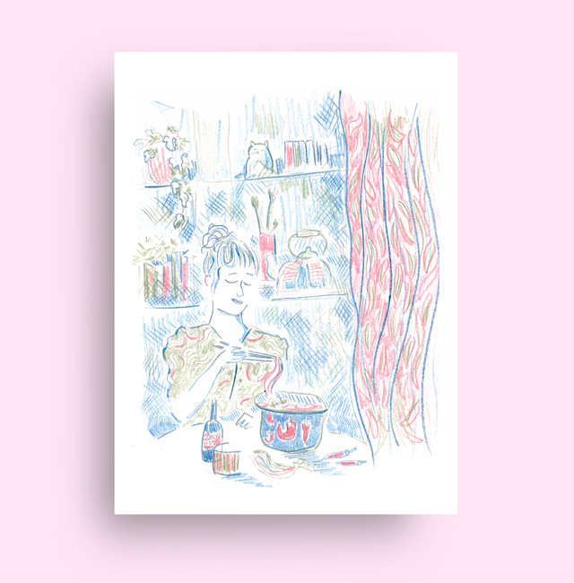 Illustration "Seule à table" (A5)