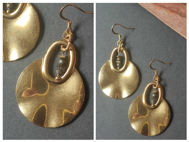 Boucles d&#039;oreilles cercles et hématite dorée, acier inoxydable doré -sans nickel, pièce unique 