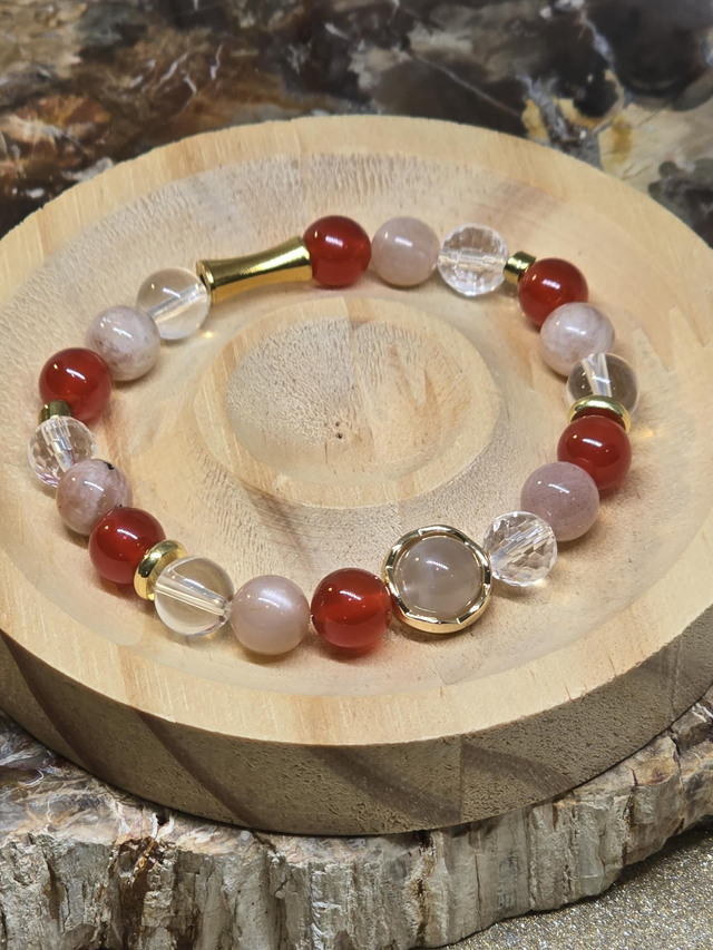 Bracelet Cornaline, Pierre de lune, Cristal de roche 0,8 cm