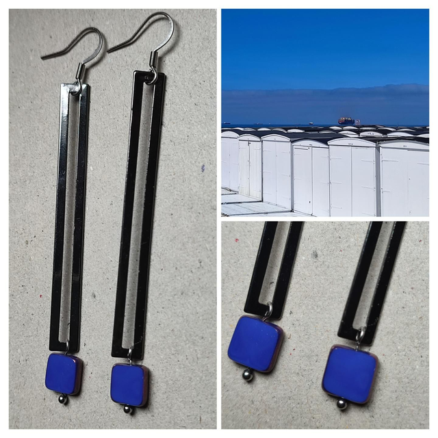 Z-Boucles d&#039;oreilles longues &quot; géométriques&quot; carré en verre bleu et rectangle argenté, pièce unique -sans nickel 