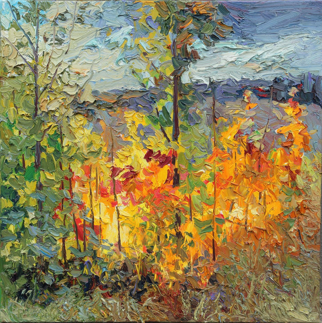 „Herbst in Flammen“   Öl auf Leinwand, 80 × 80 cm., 2024