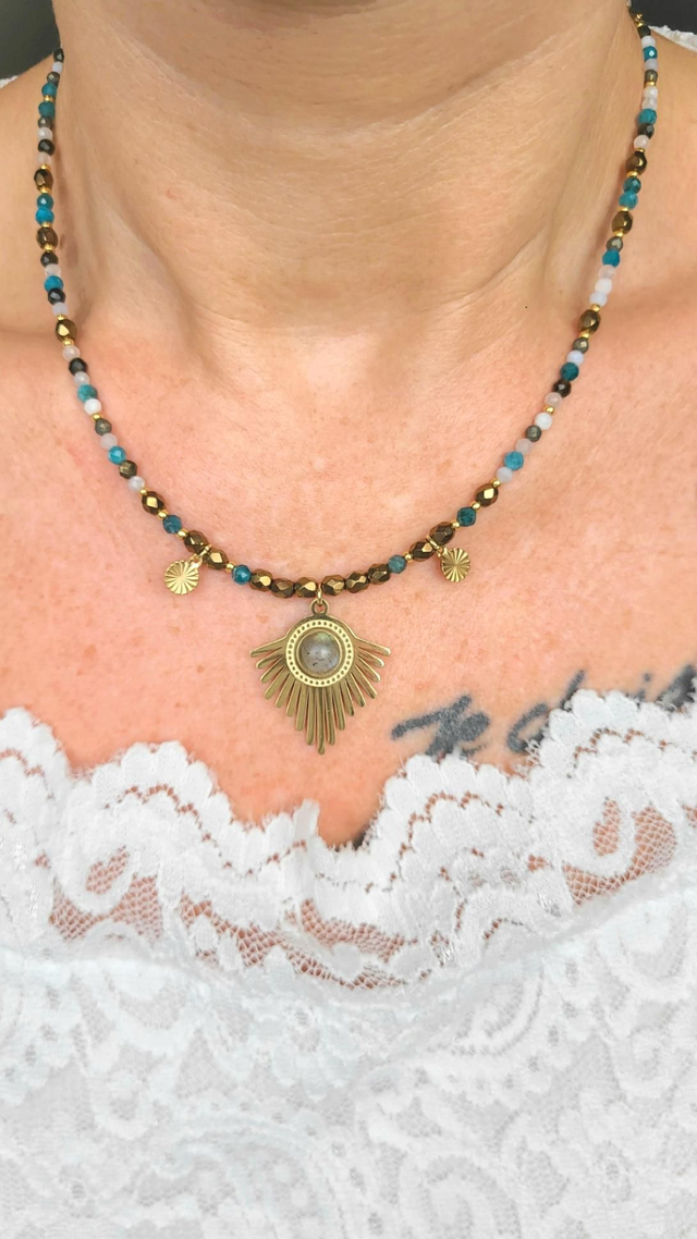 Collier Apatite • Œil de Faucon • Pyrite • Quartz Rose • Pierre de Lune • Labradorite – Harmonie & Clarté