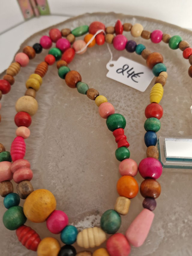 Collier Chapelet Bois Multicolore Croix Miroir