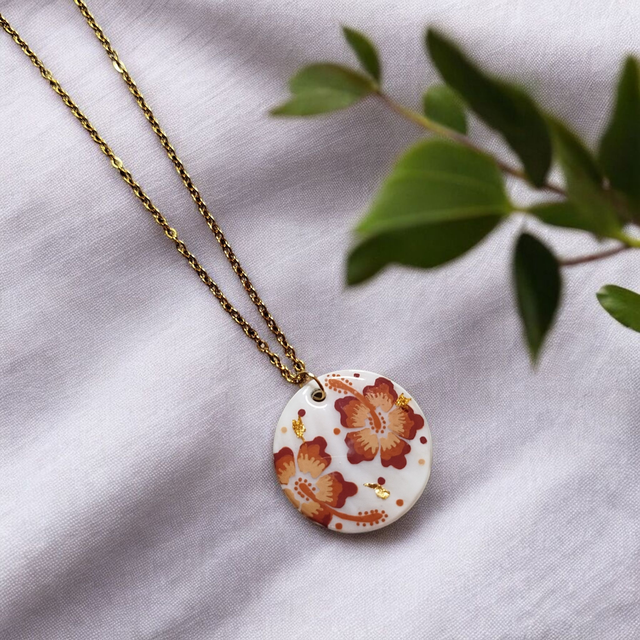 Collier dessiné Flora acier inoxydable marron nacre