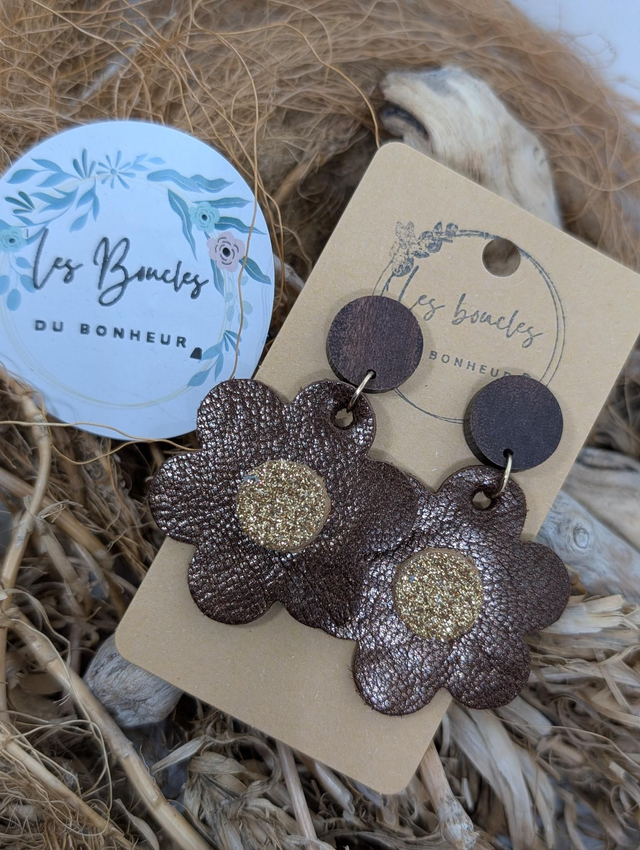 Boucles d&#039;oreilles fleur rétro m1144 bronze doré 