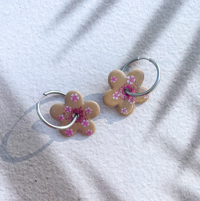 Maxi fleurs - Vert marron &amp; rose (sans créoles)