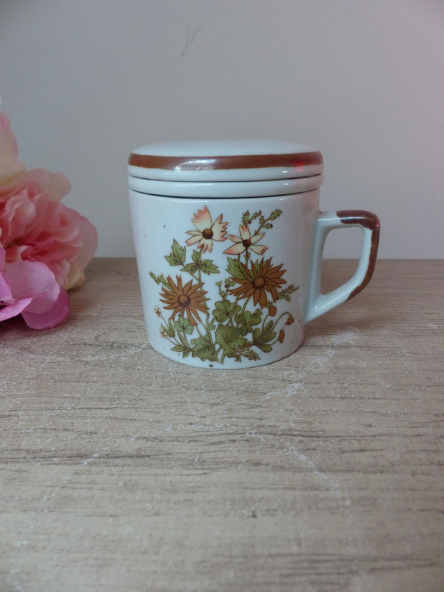 Tisanière en grès émaillé moucheté fleuri, tasse avec filtre décor botanique jaune, vert et orange Vintage, cadeau fête femme anniversaire