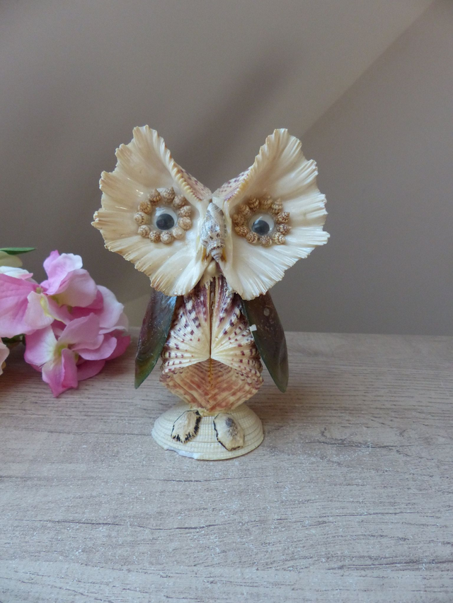 Statuette Chouette Hibou Vintage Coquillages Souvenir de Vacances Artisanat Français