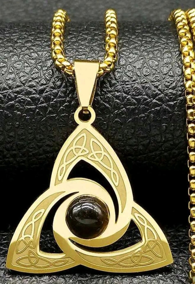 Collier viking noeud triquetra et oeil de tigre - acier inoxydable 