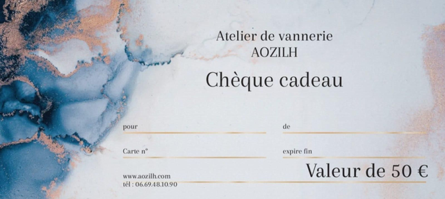 Chèque cadeau de 50€ valable sur les vanneries ou stages