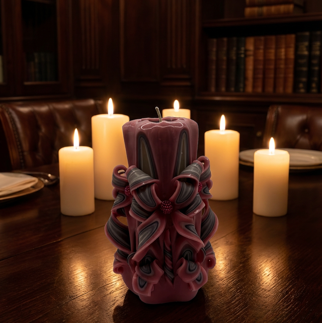 Hand-Carved Pillar Candle – Artisan Decorative Candle - Pink/Grey JC59