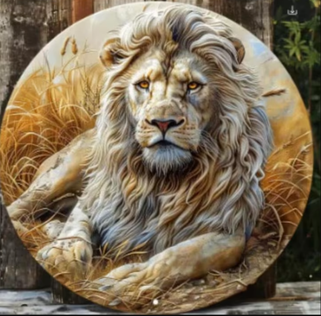 Vintage rond metalen bord Zittende Leeuw (20cm)